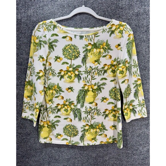 Talbots ‘The Talbots Tee’ Shirt Size PM Lemon Tree Print 3/4 Sleeve Bateau Neck - Picture 2 of 8